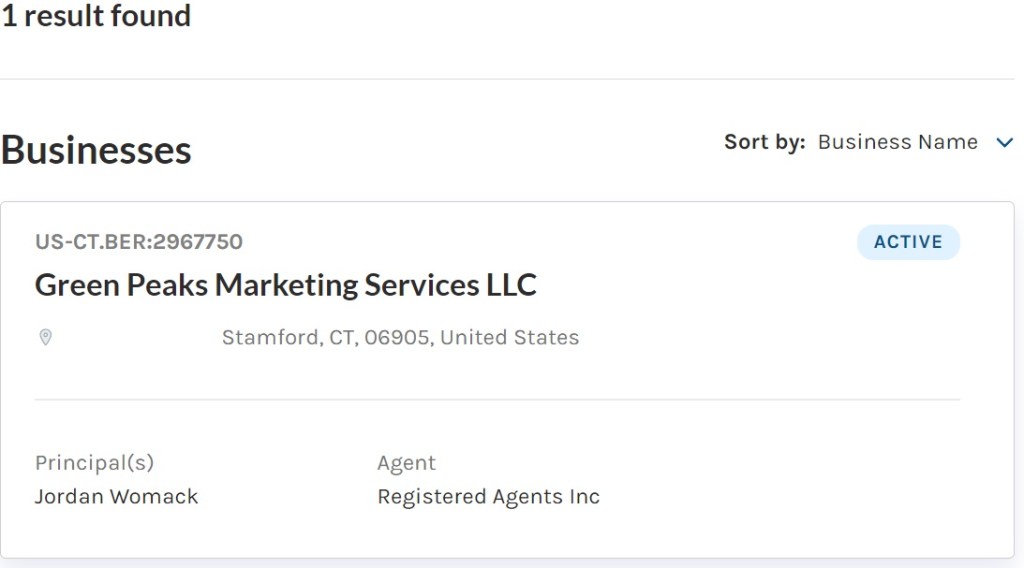 Business name search results using the CT.Gov Business Search Tool